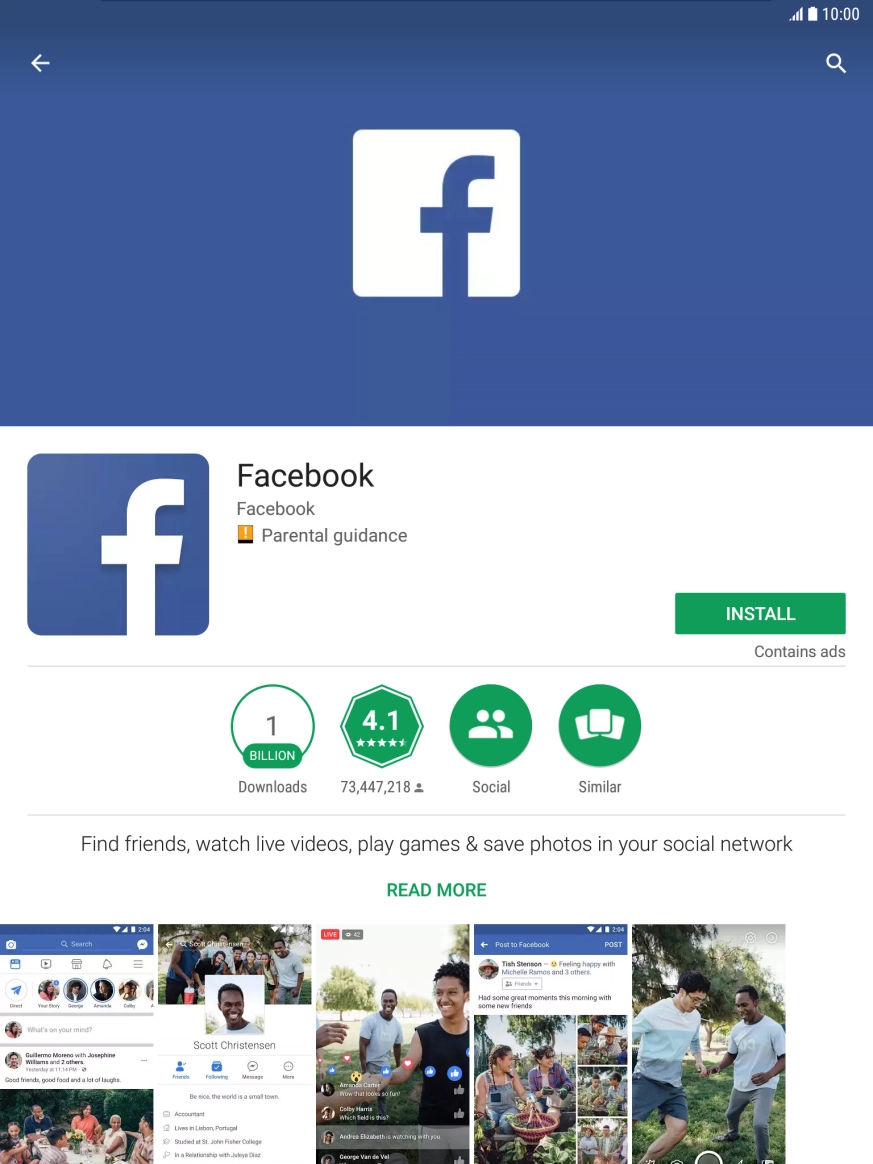 Press INSTALL and follow the instructions on the screen to install Facebook.