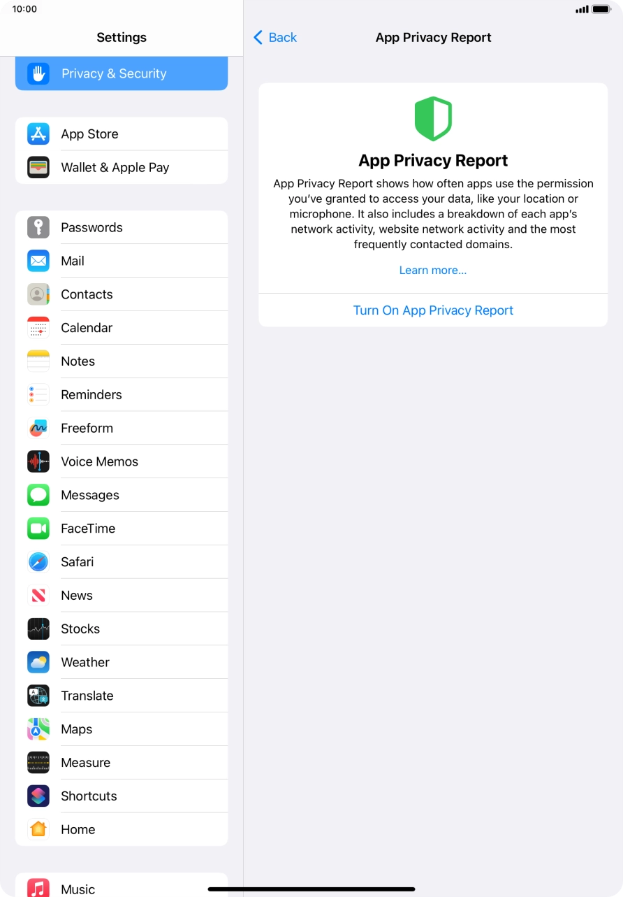 Press Turn On App Privacy Report to turn on the function.