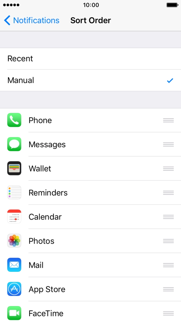 To sort push notifications manually, press the organise icon next to the required menu item and drag it to the required position on the list.