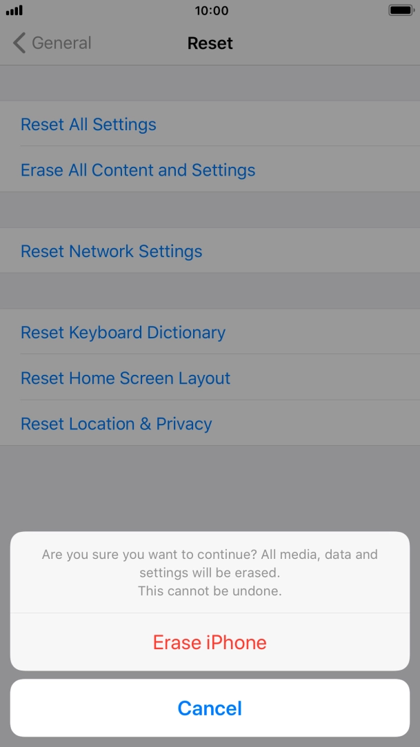 Press Erase iPhone. Wait a moment while the factory default settings are restored. Follow the instructions on the screen to set up your phone and prepare it for use. Press Erase iPhone. Wait a moment while the factory default settings are restored. Follow the instructions on the screen to set up your phone and prepare it for use.