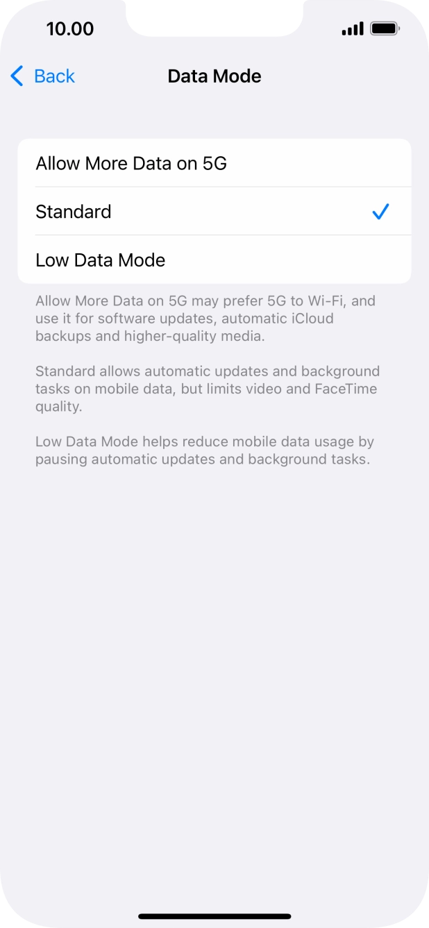 Press the required setting.