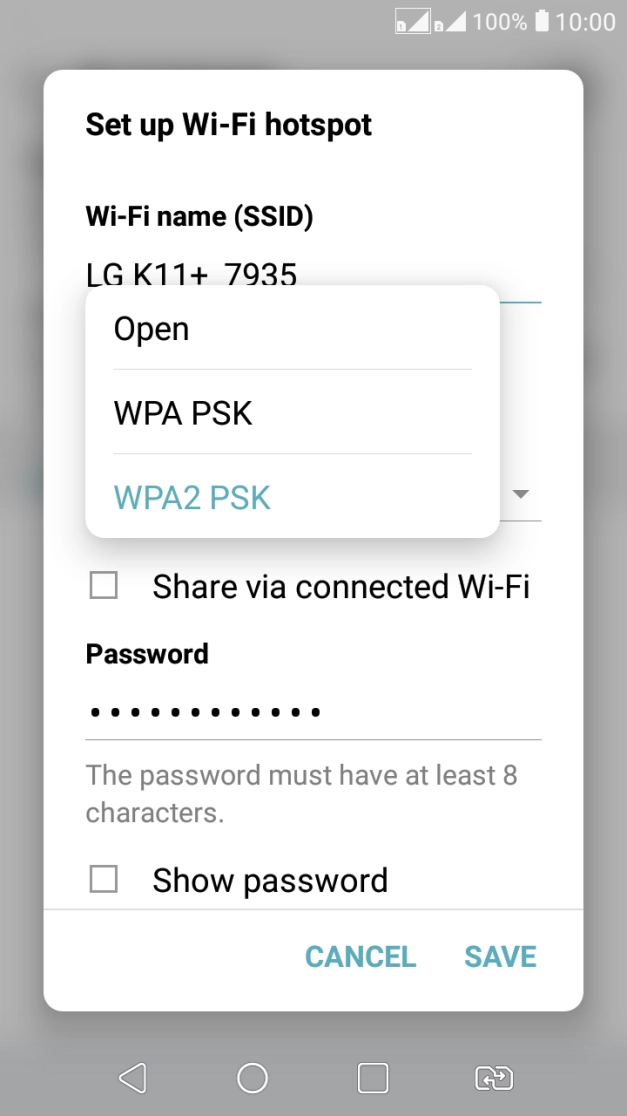 Press WPA2 PSK to password protect your Wi-Fi hotspot.