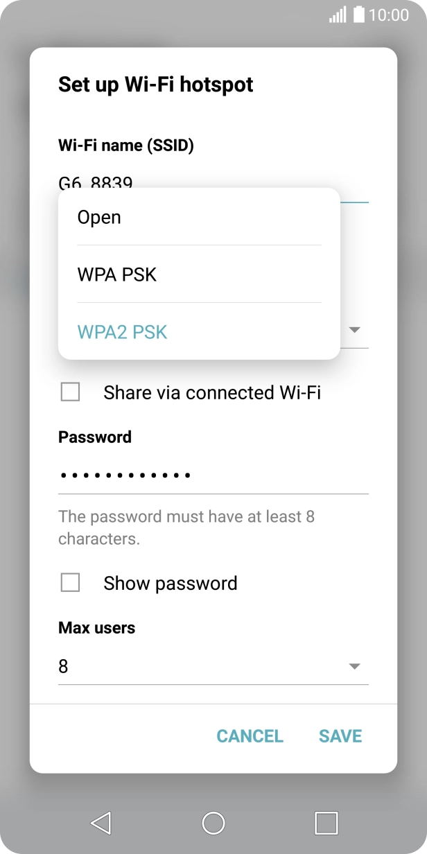 Press WPA2 PSK to password protect your Wi-Fi hotspot.