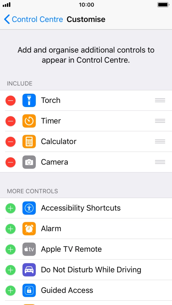 Press the delete icon next to the required function to remove it from Control Centre.