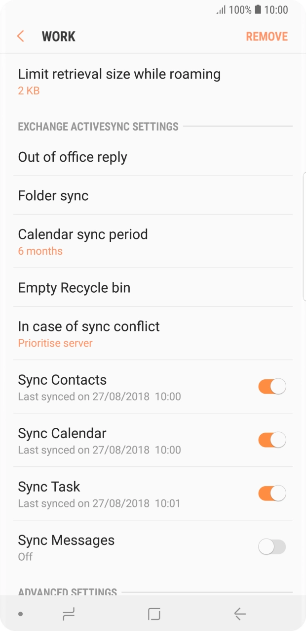 Press the required data types to turn synchronisation on or off.