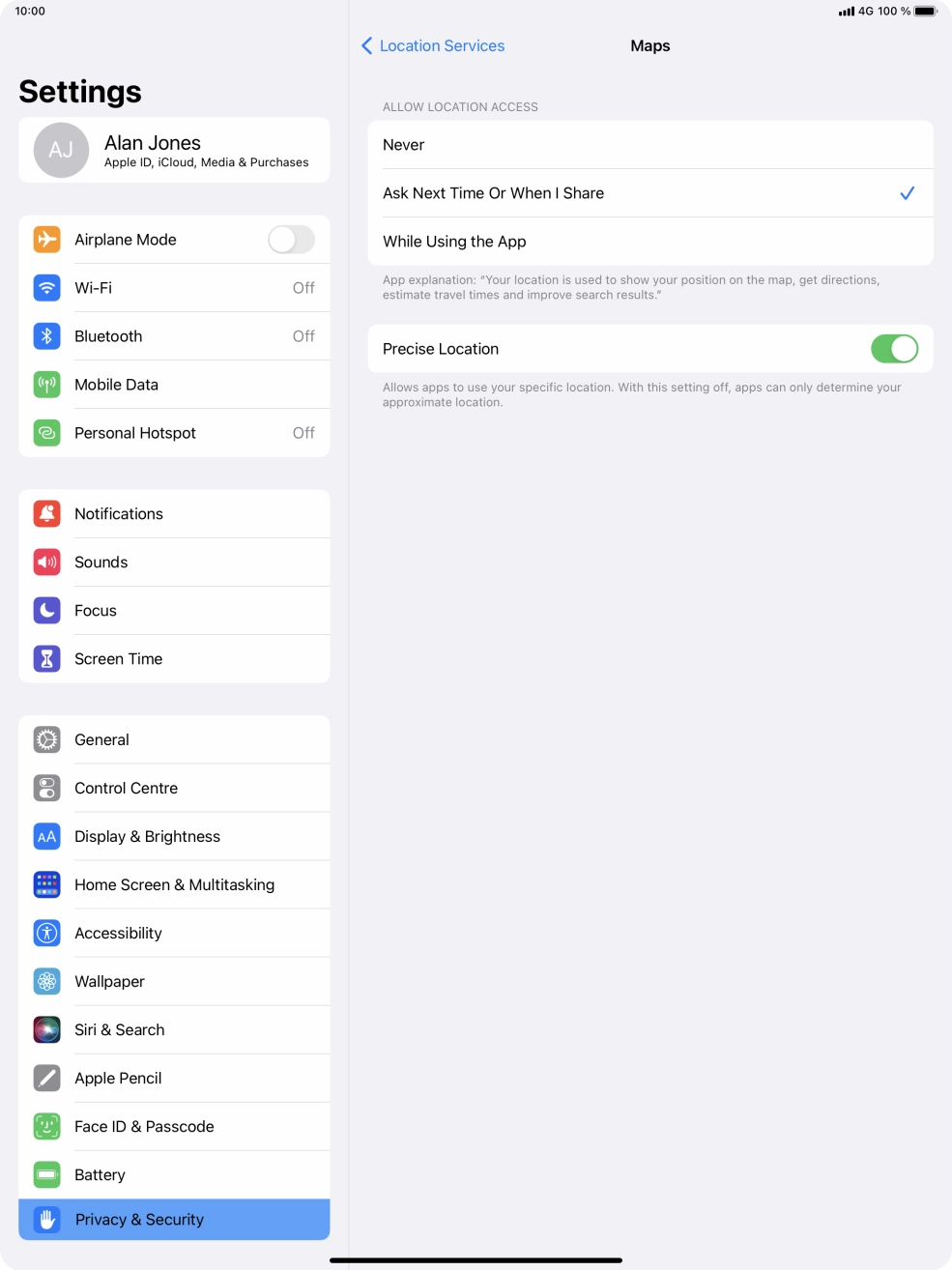Press the required setting to turn the function on or off.