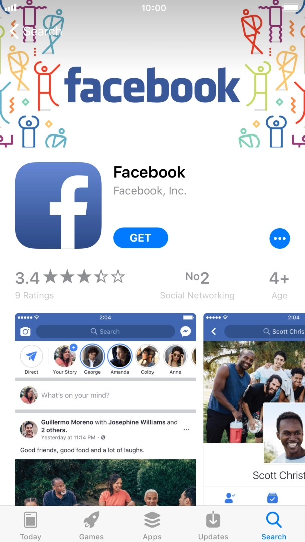 Press GET and follow the instructions on the screen to install Facebook. Press GET and follow the instructions on the screen to install Facebook.