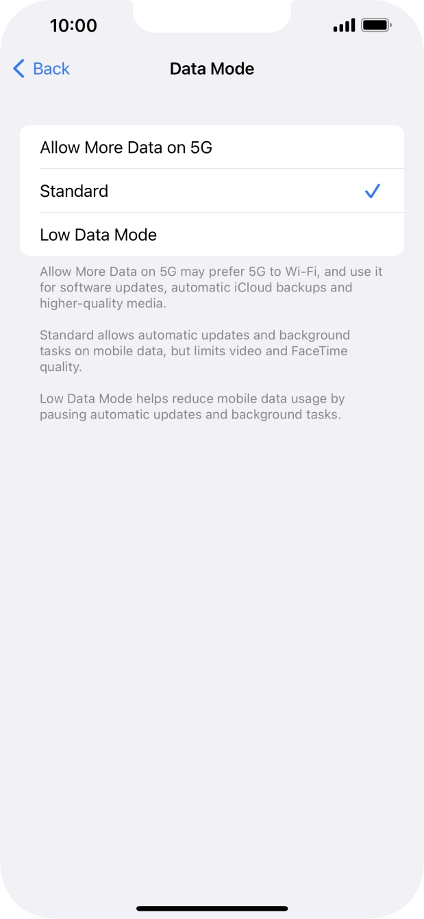 Press the required setting. Press the required setting.