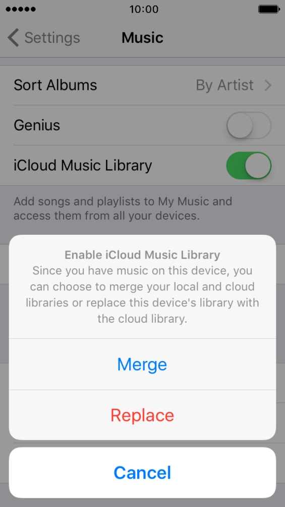 Press Merge to merge the music library on your phone with the iCloud Music Library.