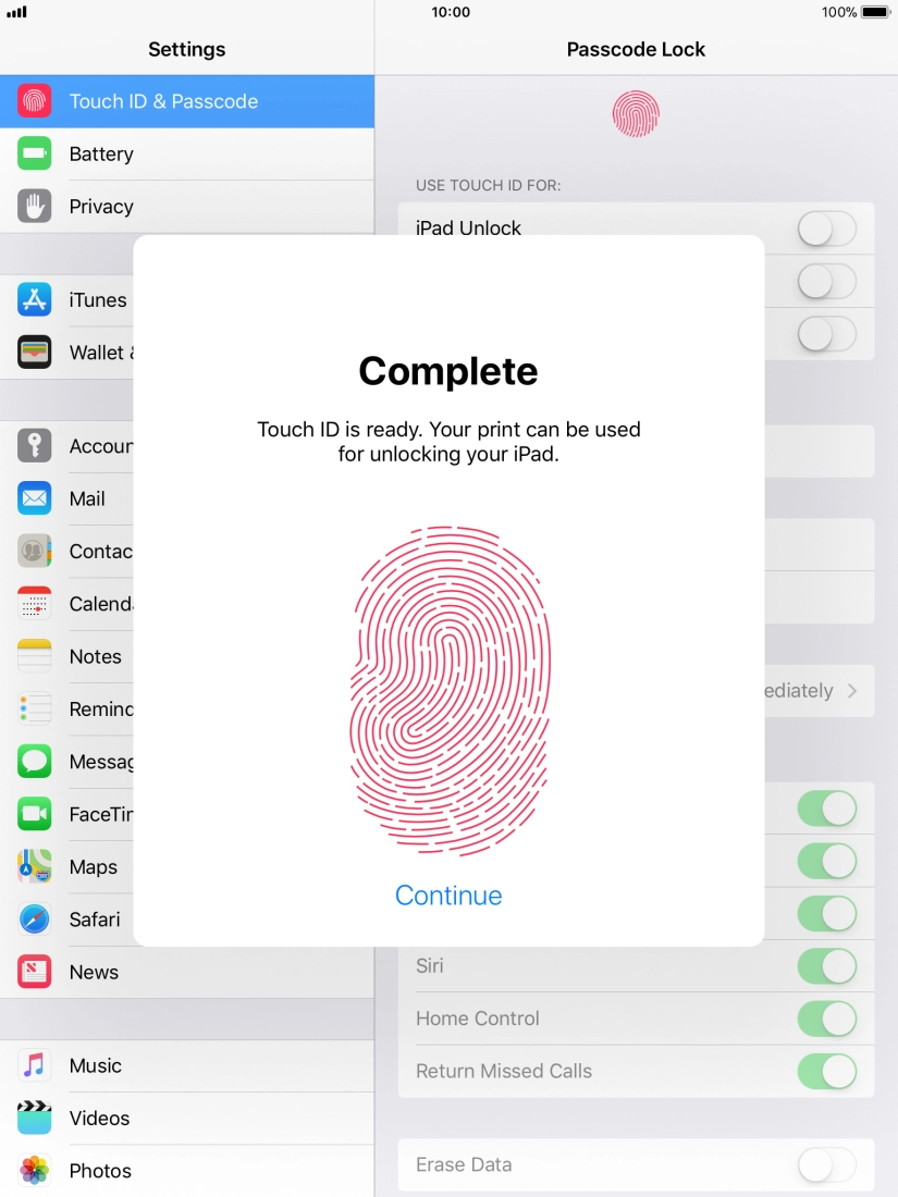 Press Continue. If you haven't previously selected a lock code, key in a code of your own choice twice.