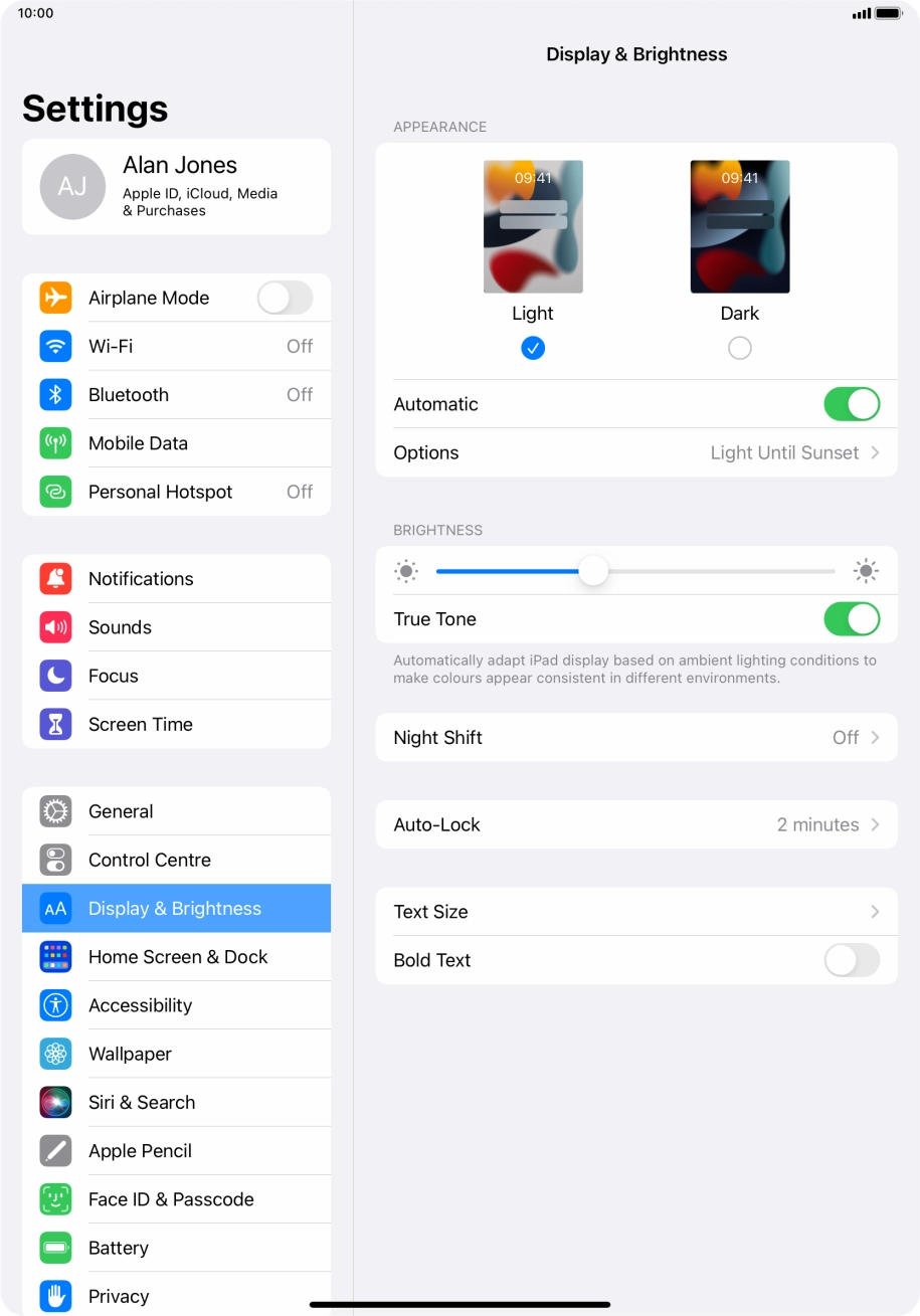 If you turn on the function, press Options and follow the instructions on the screen to select the required period of time for Dark Mode.