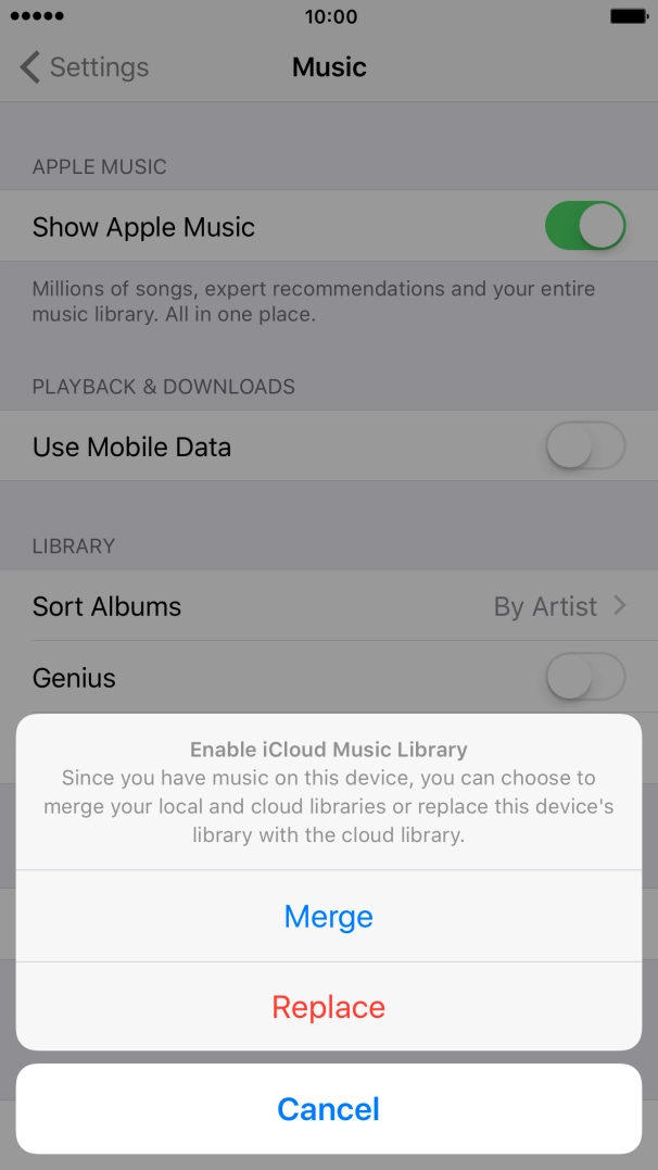 Press Merge to merge the music library on your phone with the iCloud Music Library.