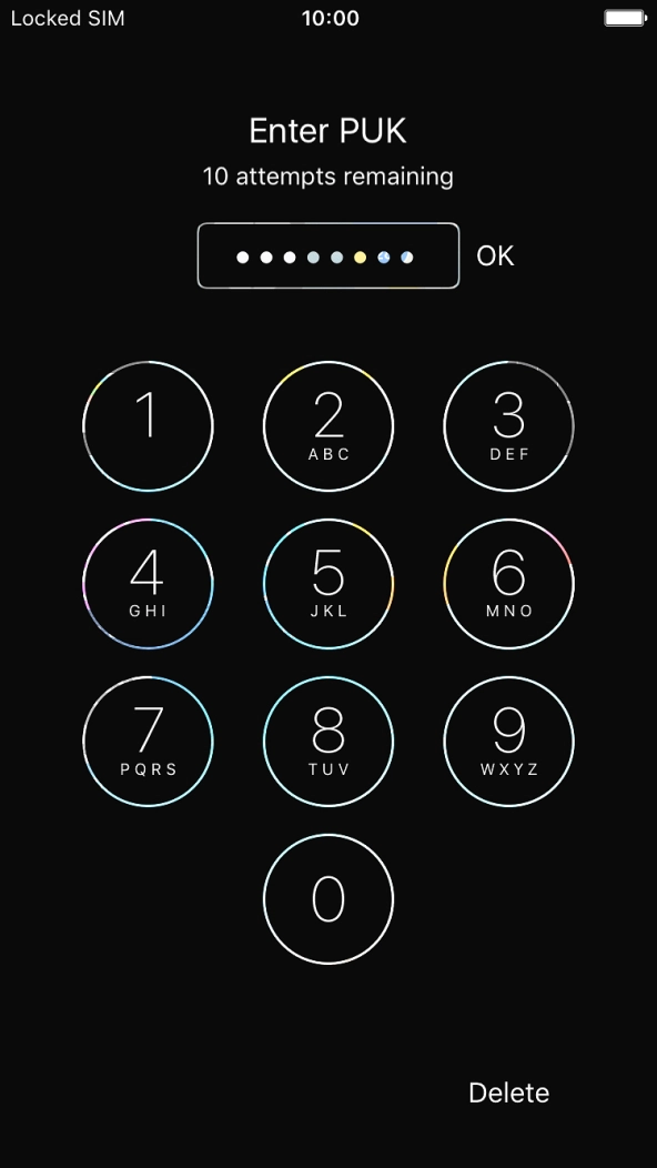 Key in the PUK and press OK.