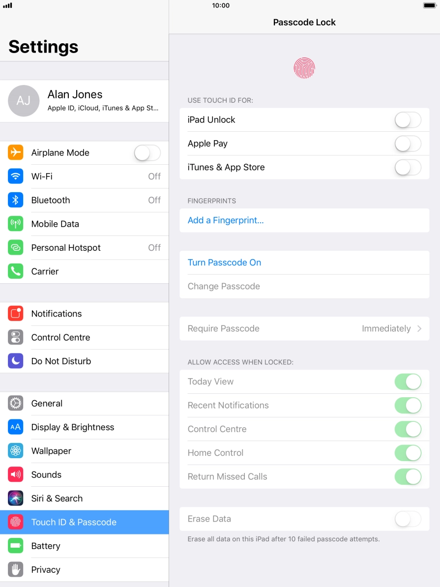 Press Turn Passcode On and key in a lock code of your own choice twice.