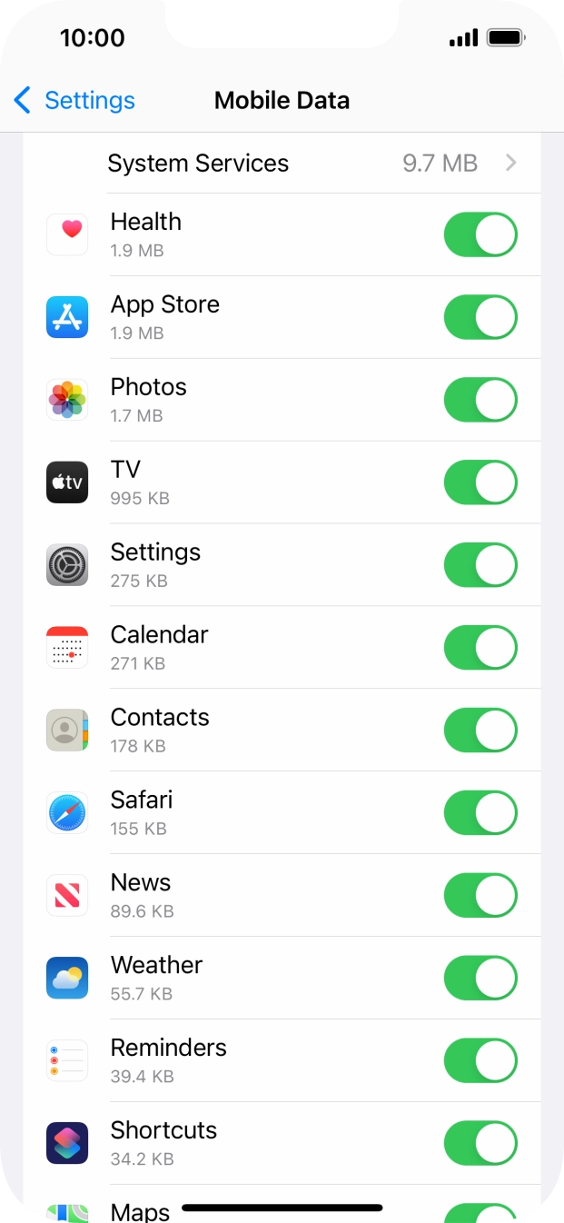 The data usage for each application is displayed below the name of the application.