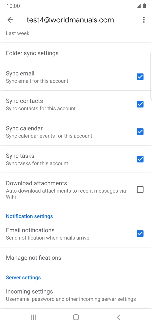 Press the fields next to the required data types to turn synchronisation on or off.