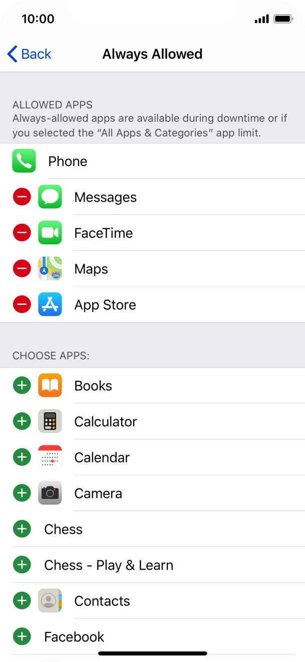 Press the add icon next to the required app to add it to the list of allowed apps during Downtime.