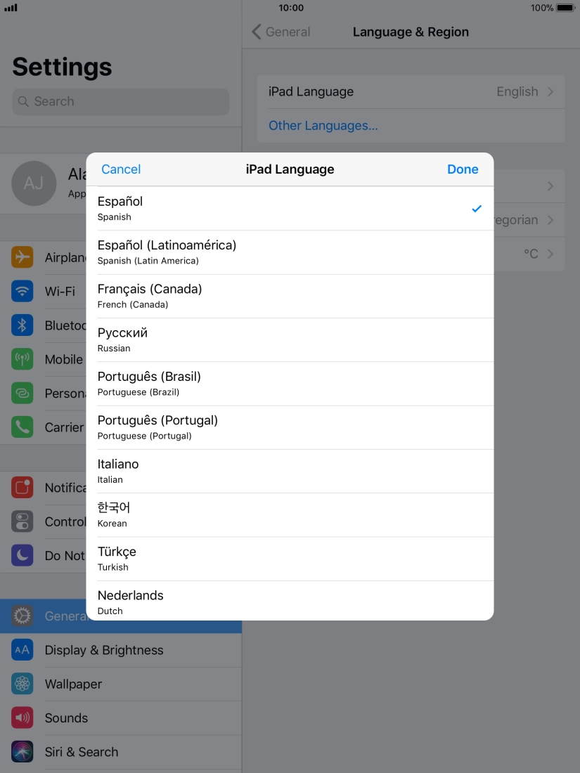 Press Done and follow the instructions on the screen to change to the selected language.