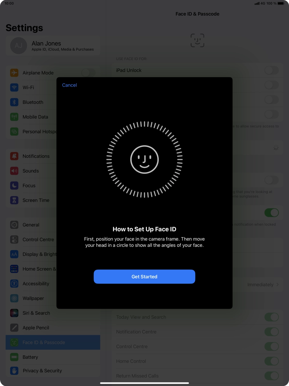 Press Get Started and follow the instructions on the screen to set up Face ID.