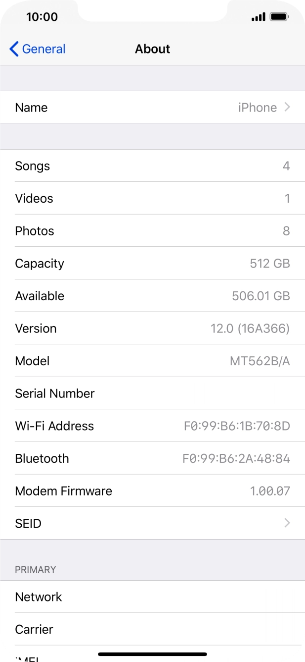 Your phone's software version is displayed next to Version.