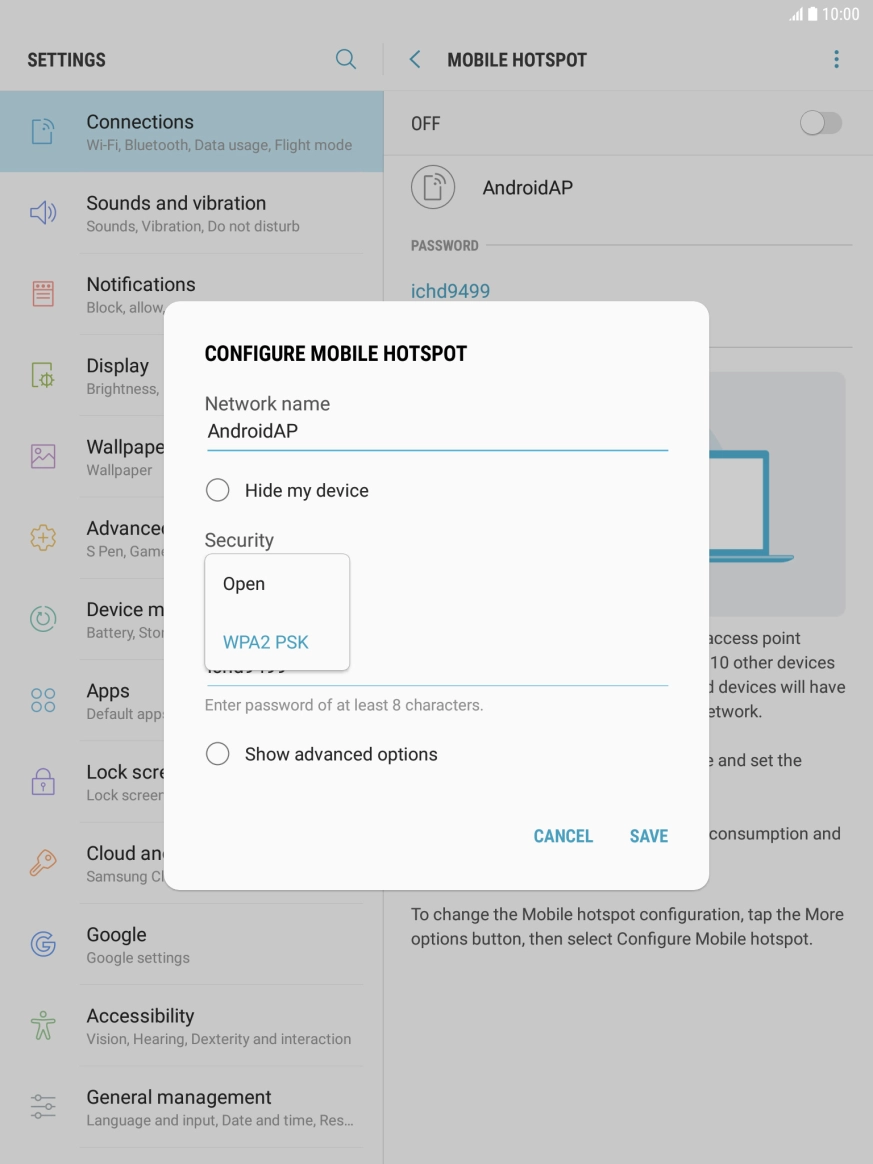 Press WPA2 PSK to password protect your Wi-Fi hotspot. Press WPA2 PSK to password protect your Wi-Fi hotspot.