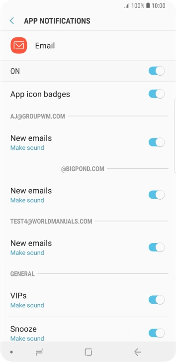 Press the indicator next to the required email account to turn the function on or off. Press the indicator next to the required email account to turn the function on or off.