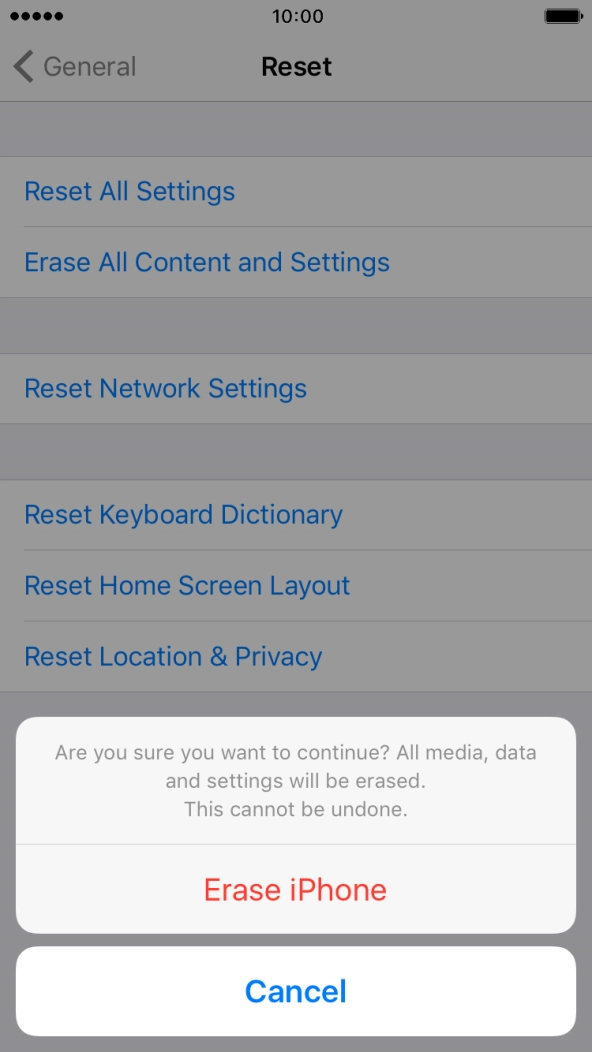 Press Erase iPhone. Wait a moment while the factory default settings are restored. 
Follow the instructions on the screen to set up your phone and prepare it for use.