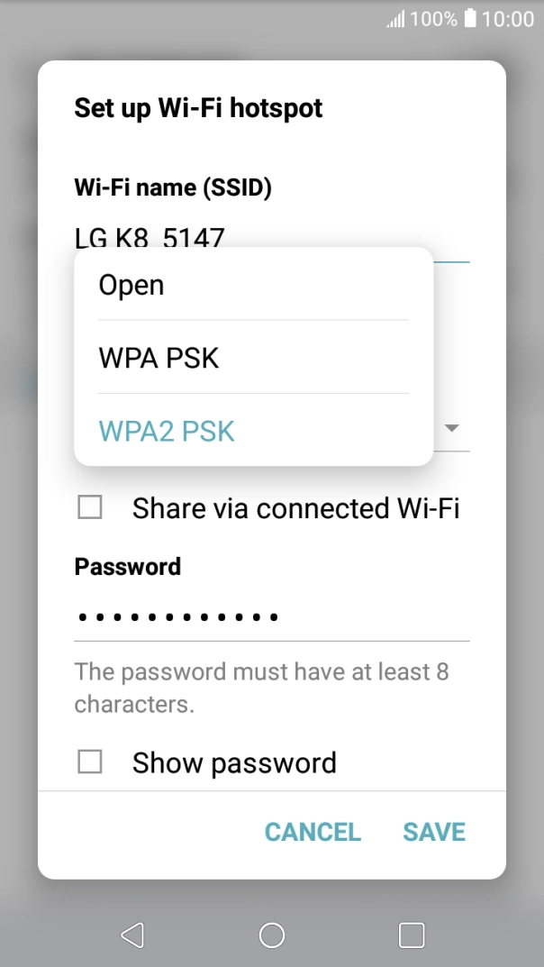 Press WPA2 PSK to password protect your Wi-Fi hotspot.