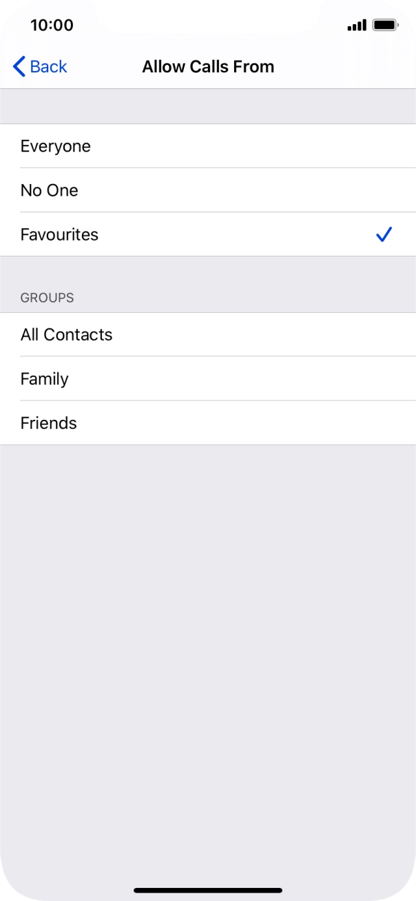 Press the required setting to select which contacts can call you even though Do Not Disturb is turned on. Press the required setting to select which contacts can call you even though Do Not Disturb is turned on.