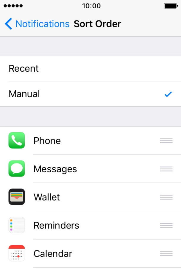 To sort push notifications manually, press the organise icon next to the required menu item and drag it to the required position on the list.