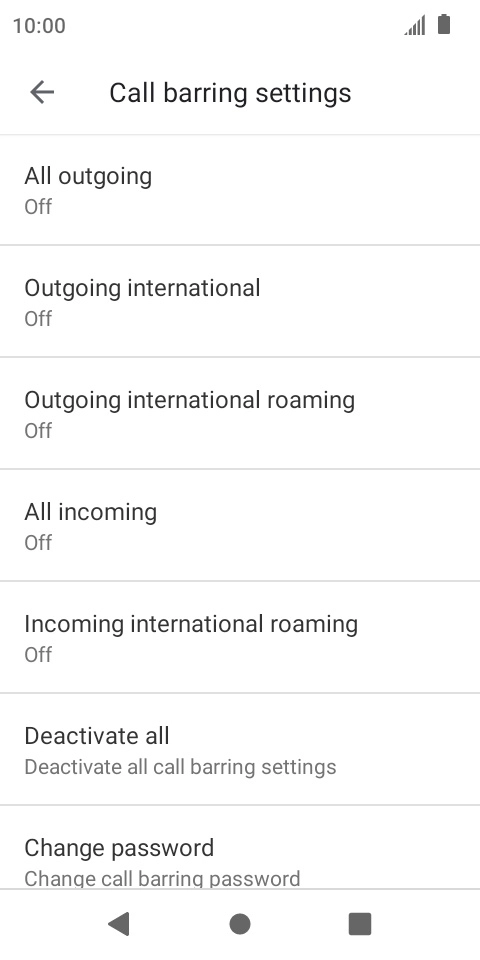 Press the required barring type to turn the function on or off.