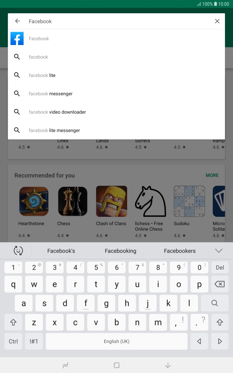 Key in Facebook and press the search icon. Key in Facebook and press the search icon.