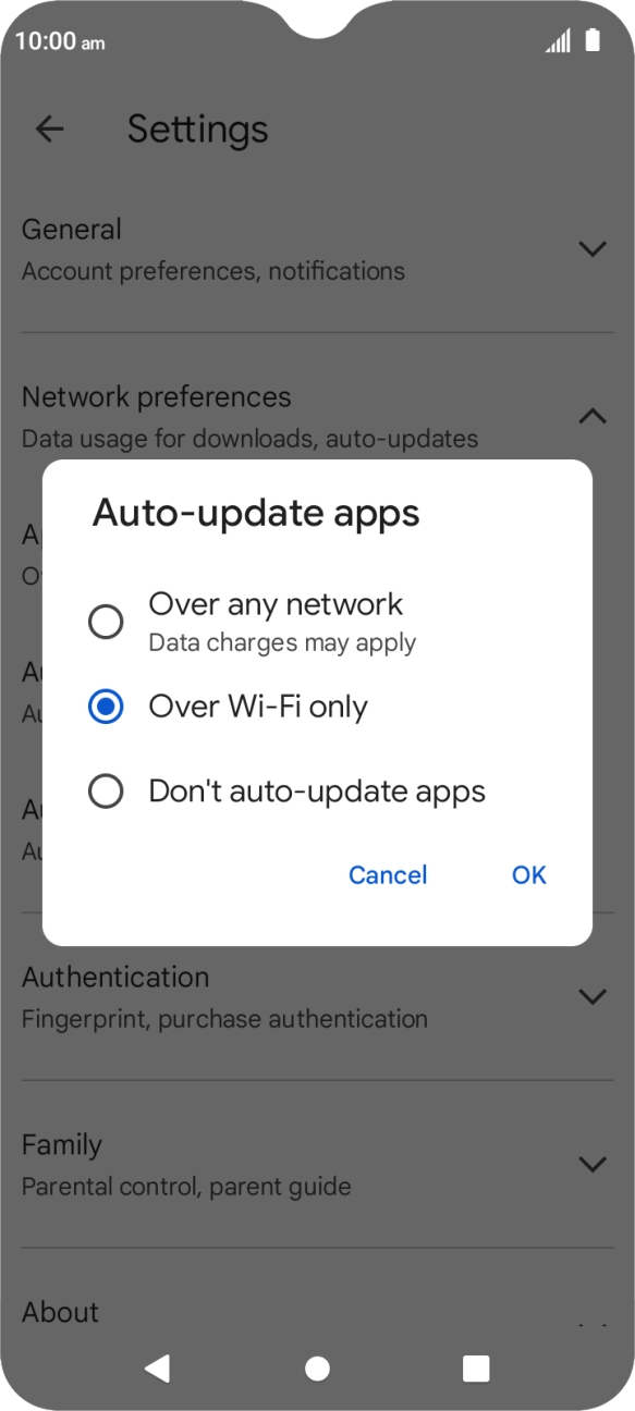 To turn on automatic update of apps using mobile network, press Over any network.