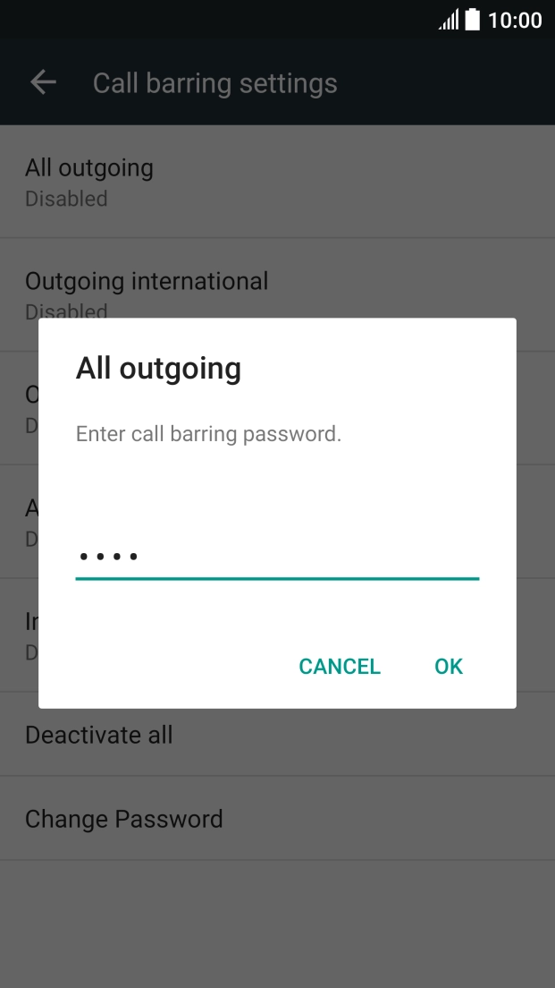Key in your call barring password and press OK.