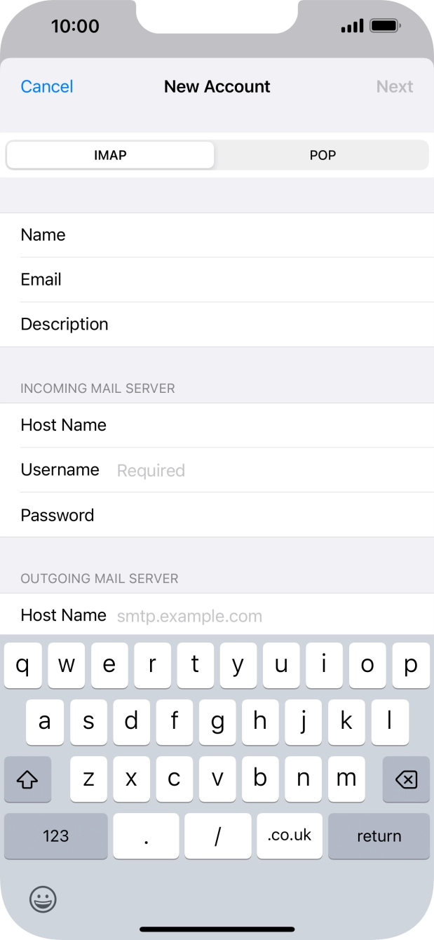 Press Username and key in the username for your email account.