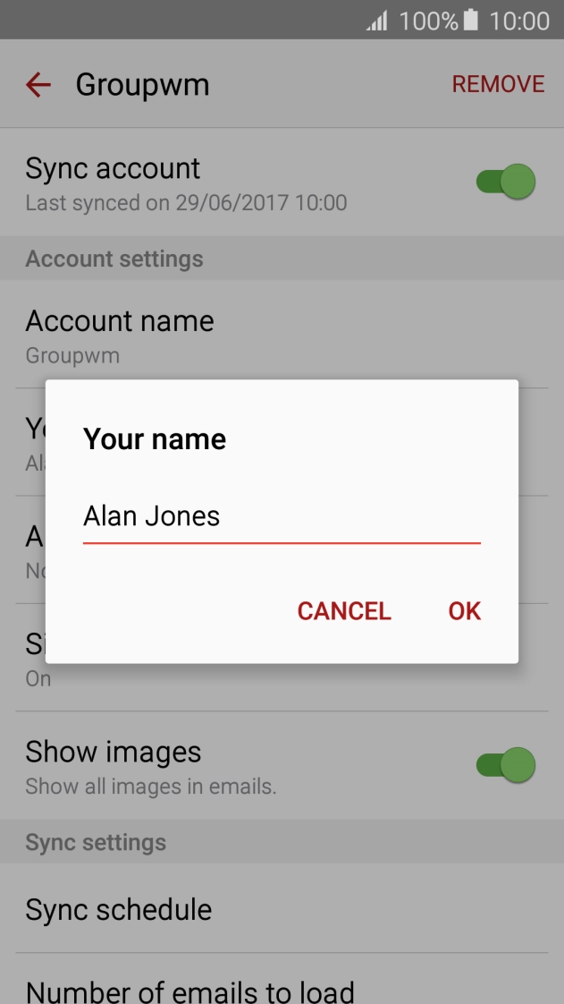 Key in the required sender name and press OK.