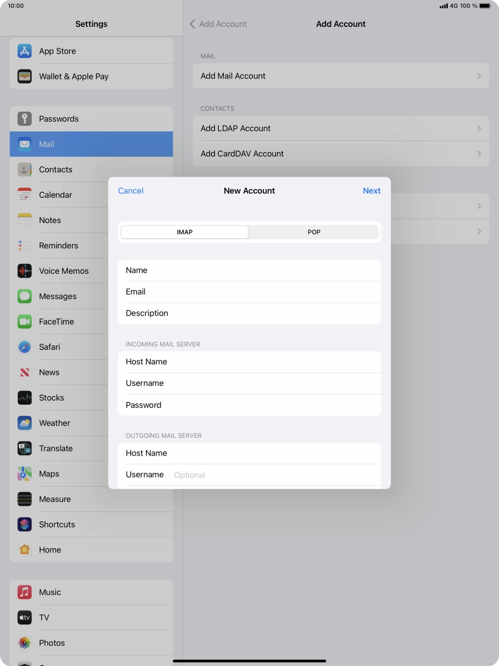 Press Username and key in the username for your email account.
