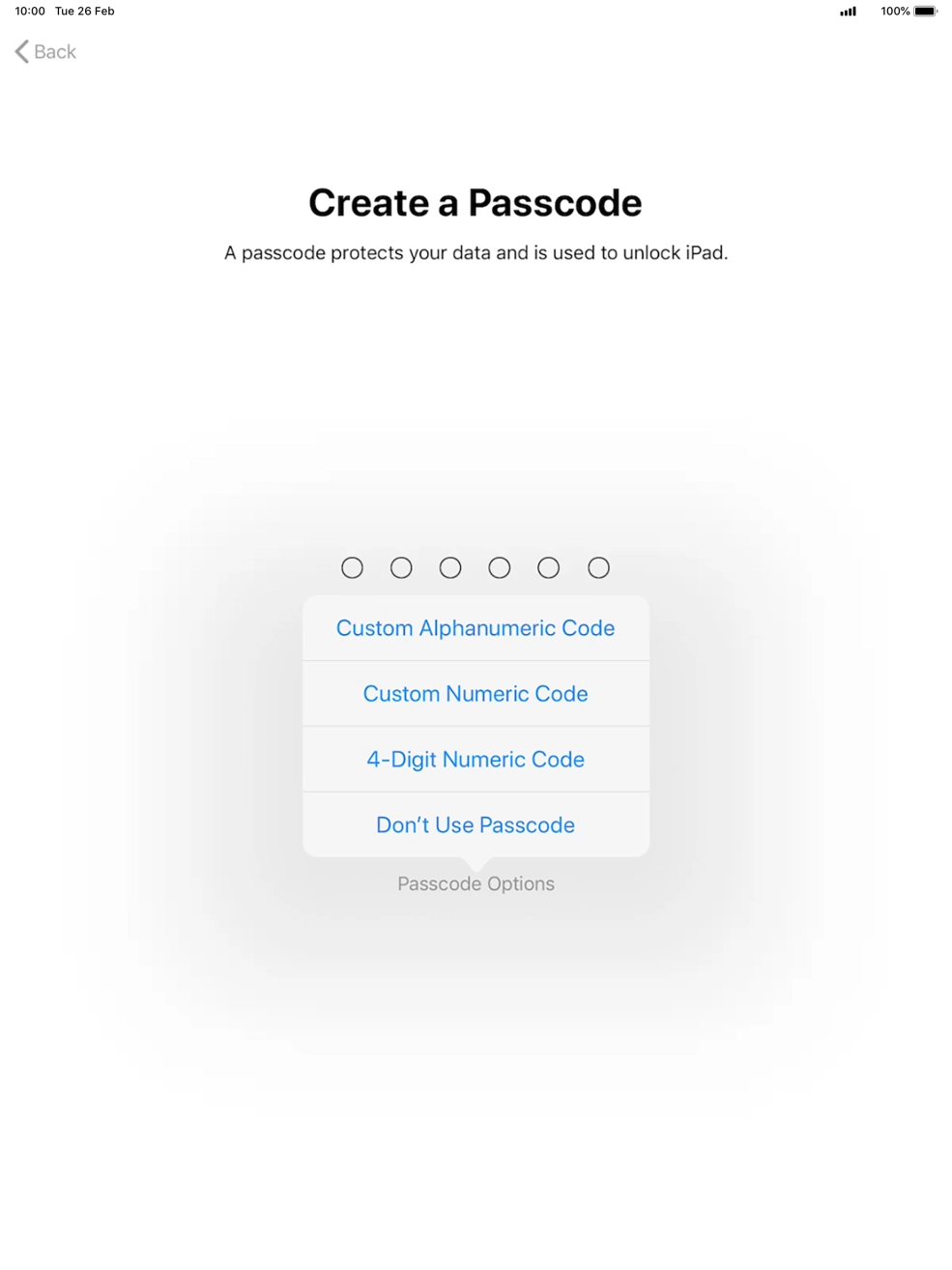 Follow the instructions on the screen to turn on use of lock code or press Don't Use Passcode.