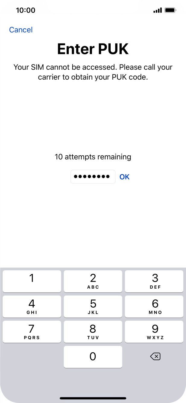 Key in the PUK and press OK.
