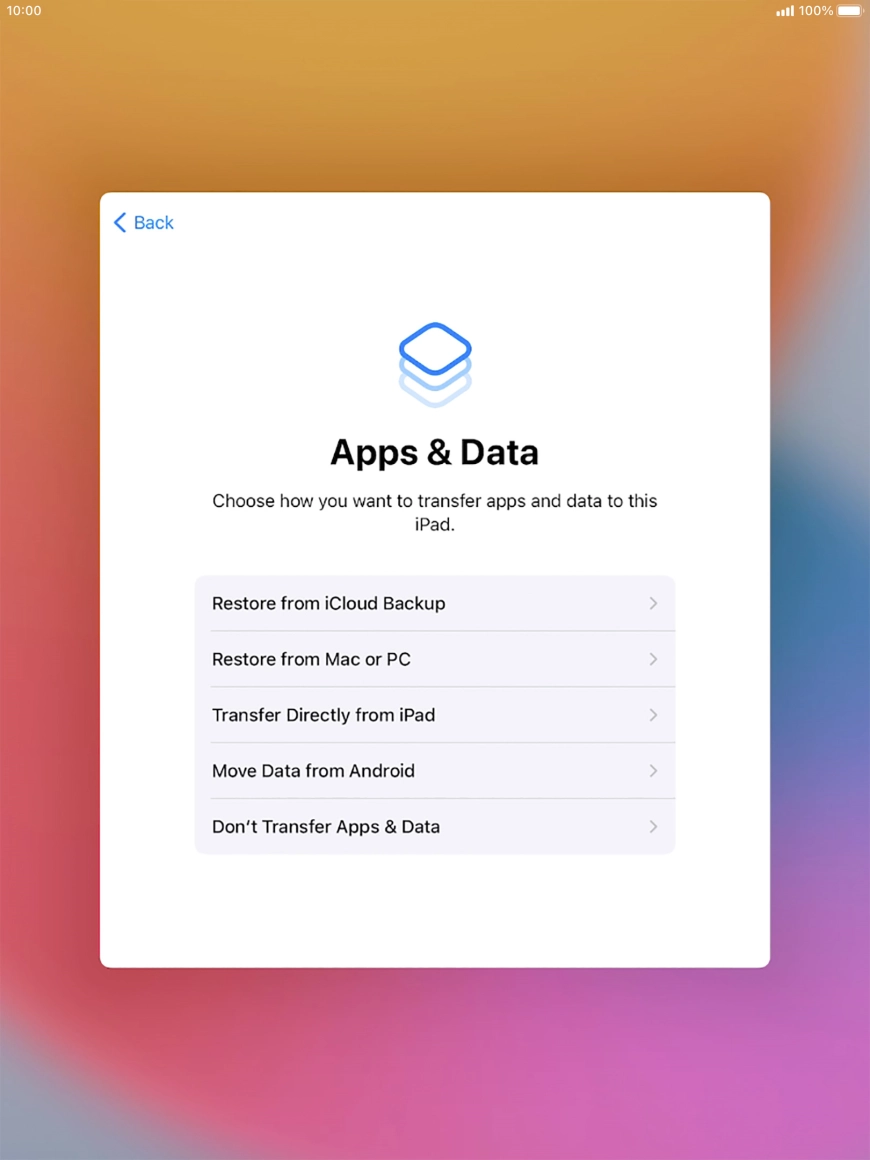 Press Don't Transfer Apps & Data and follow the instructions on the screen to finish the activation. Press Don't Transfer Apps & Data and follow the instructions on the screen to finish the activation.