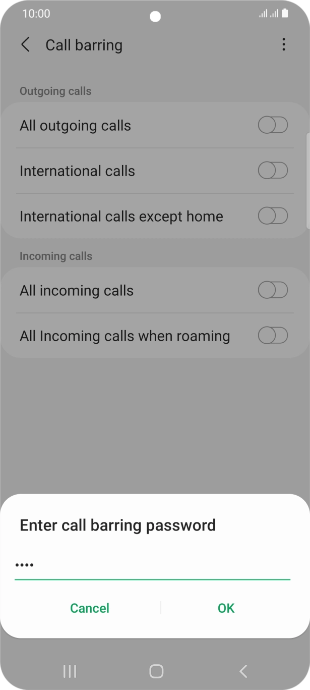 Key in your call barring password and press OK.