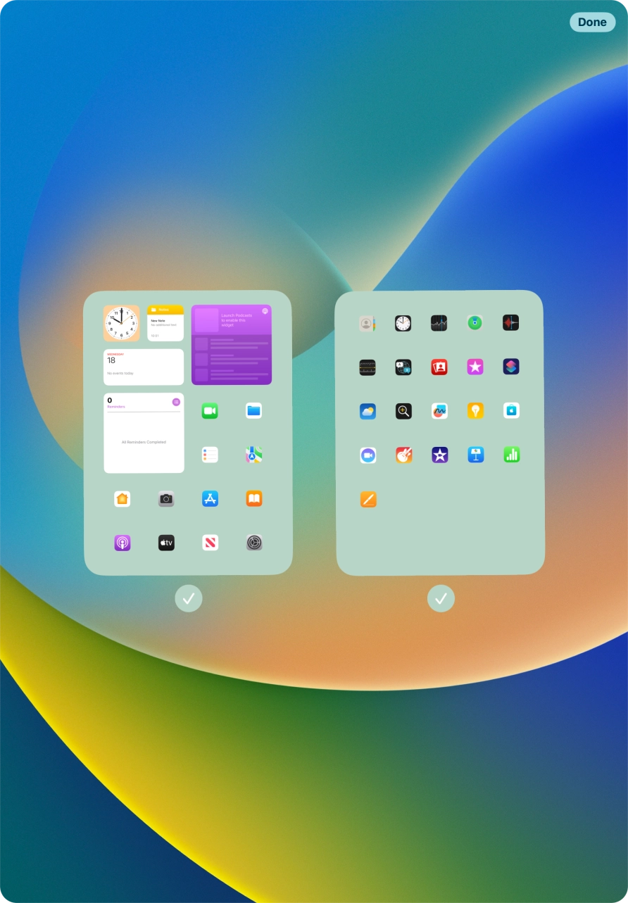 Press the fields below the required home screens to select or deselect them.