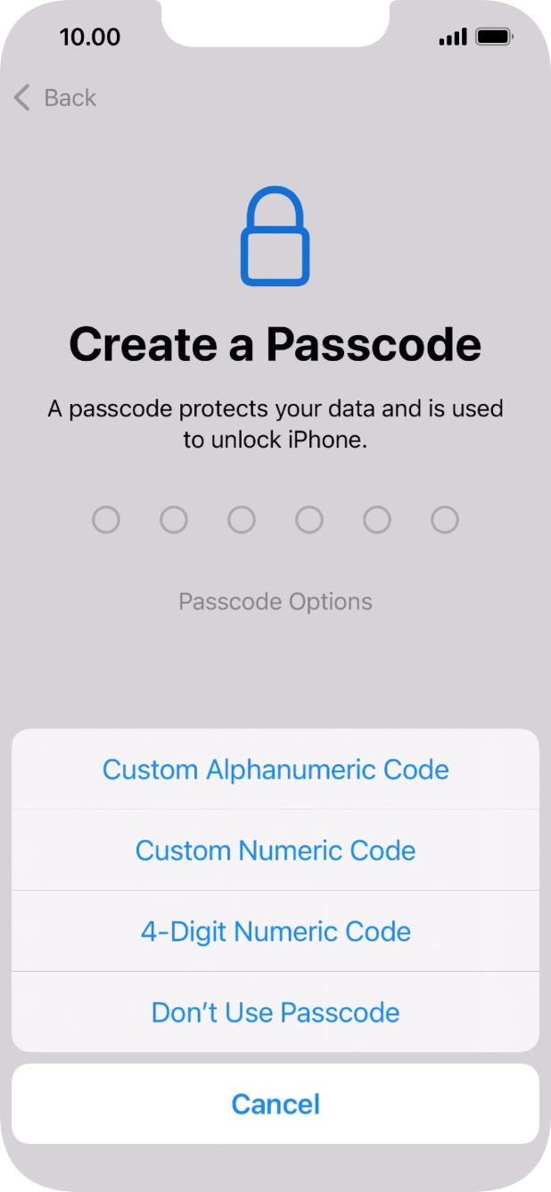 Follow the instructions on the screen to turn on use of phone lock code or press Don't Use Passcode.