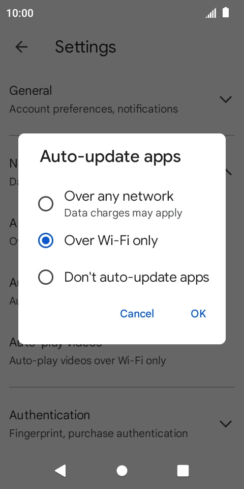 To turn on automatic update of apps using mobile network, press Over any network.