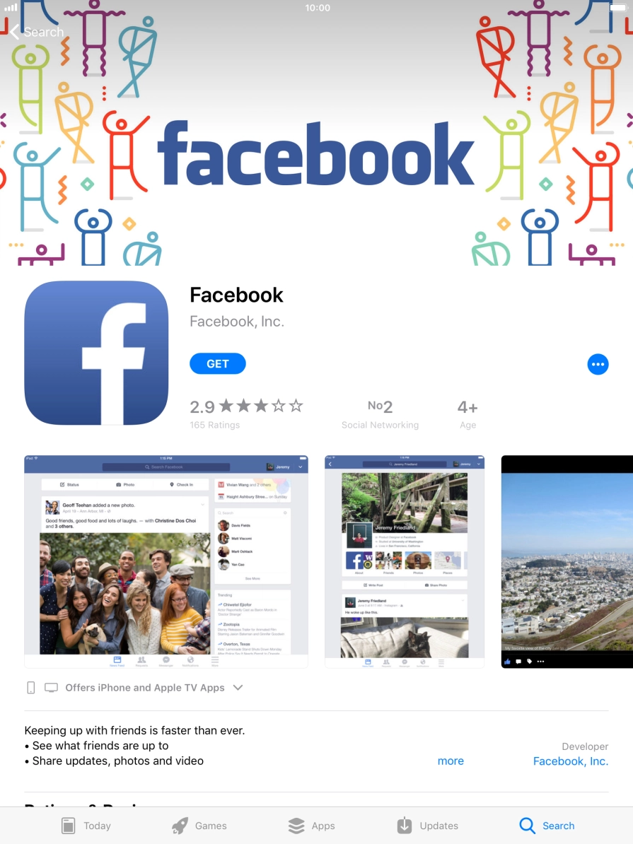 Press GET and follow the instructions on the screen to install Facebook. Press GET and follow the instructions on the screen to install Facebook.