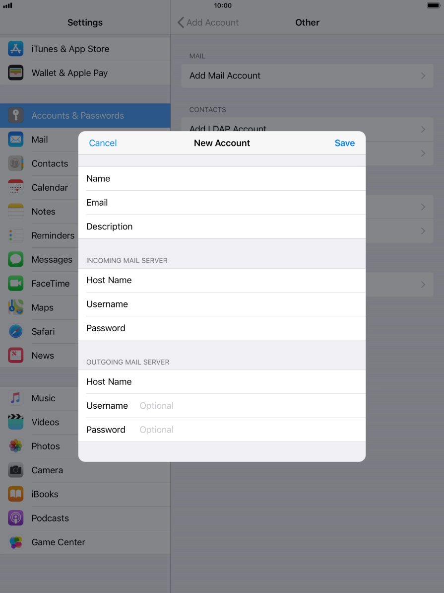 Press Username and key in the username for your email account.