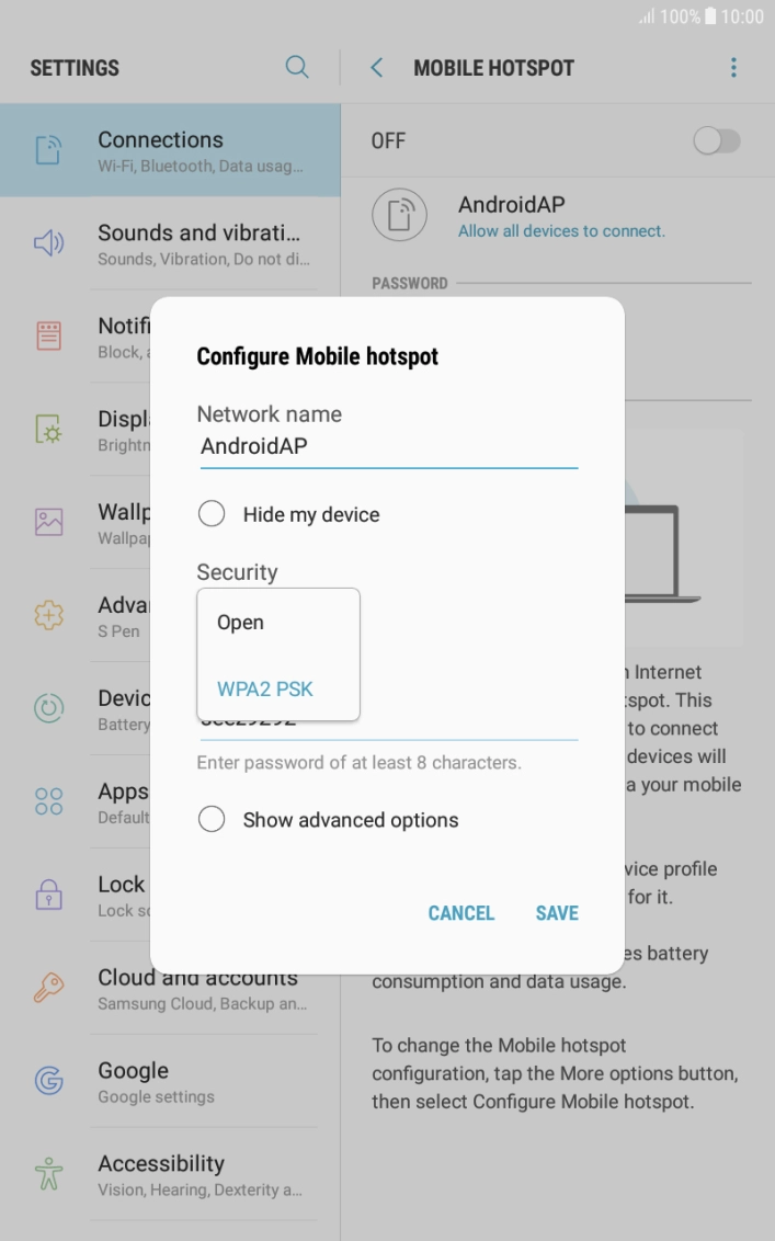 Press WPA2 PSK to password protect your Wi-Fi hotspot. Press WPA2 PSK to password protect your Wi-Fi hotspot.
