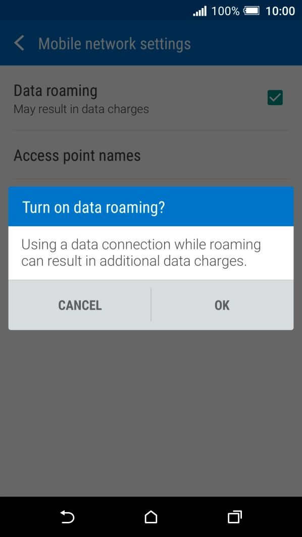 If you turn on data roaming, press OK.
