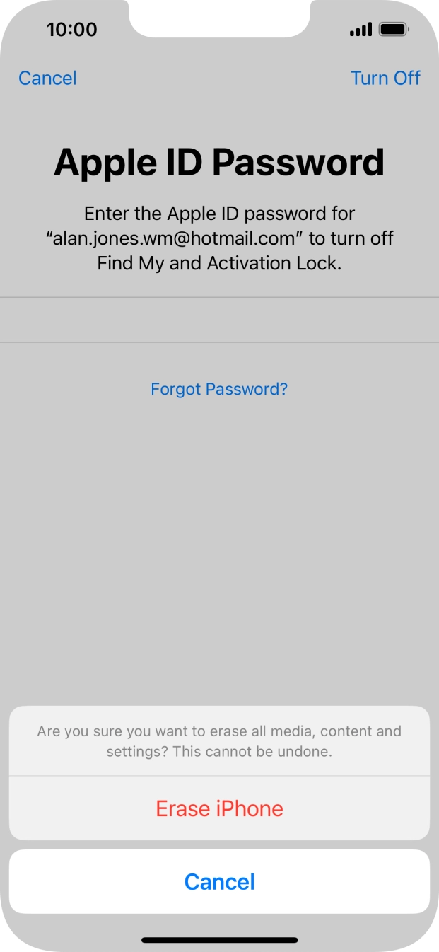 Key in the password for your Apple ID and press Erase iPhone. Wait a moment while the factory default settings are restored. Follow the instructions on the screen to set up your phone and prepare it for use.