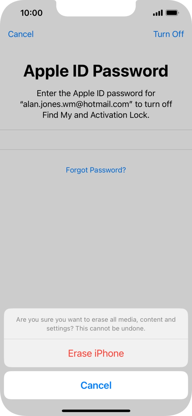 Key in the password for your Apple ID and press Erase iPhone. Wait a moment while the factory default settings are restored. Follow the instructions on the screen to set up your phone and prepare it for use. Key in the password for your Apple ID and press Erase iPhone. Wait a moment while the factory default settings are restored. Follow the instructions on the screen to set up your phone and prepare it for use.